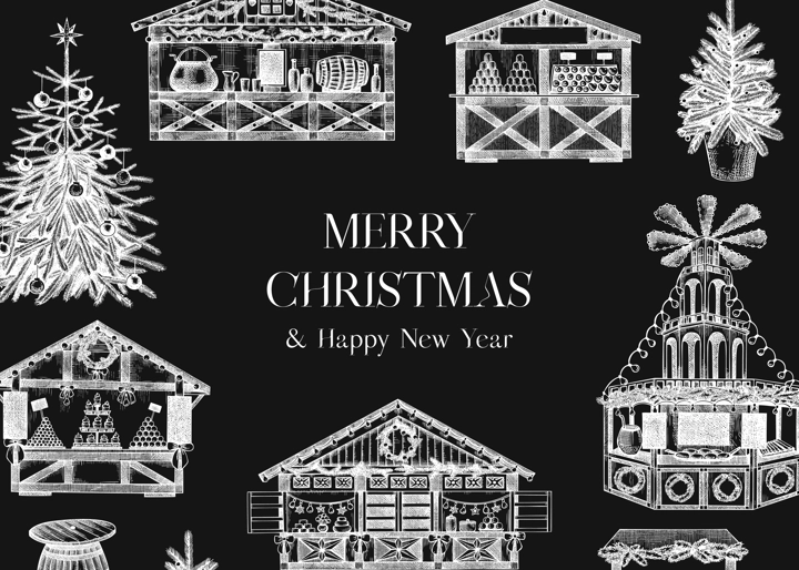 Vintage Christmas background. European Christmas market with souvenir stalls, Christmas tree, fast food, candy shops sketches. Winter holidays invitation or greeting card template on chalkboard